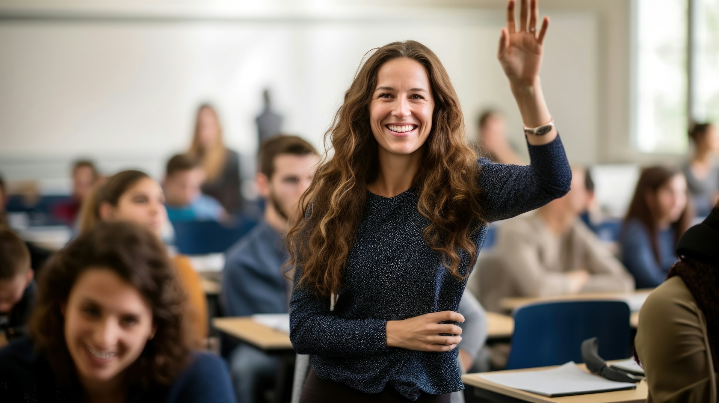 A teacher waving at an alumni career services center.